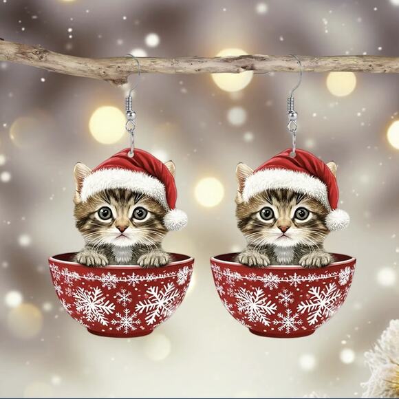 Christmas Tabby Cat in Red Teacup Earrings - Picture 2 of 6